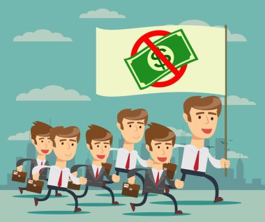 İş liderinin elinde büyük bir bayrak var ve iş arkadaşlarına öncülük ediyor..