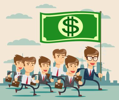 İş liderinin elinde büyük bir bayrak var ve iş arkadaşlarına öncülük ediyor..