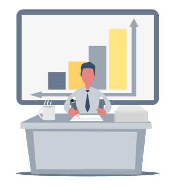 Finansal büyüme. İşadamı girişimci, temiz ve şık ofis masası üzerinde çalışıyor..