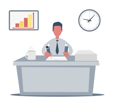 İşadamı girişimci, temiz ve şık ofis masası üzerinde çalışıyor..