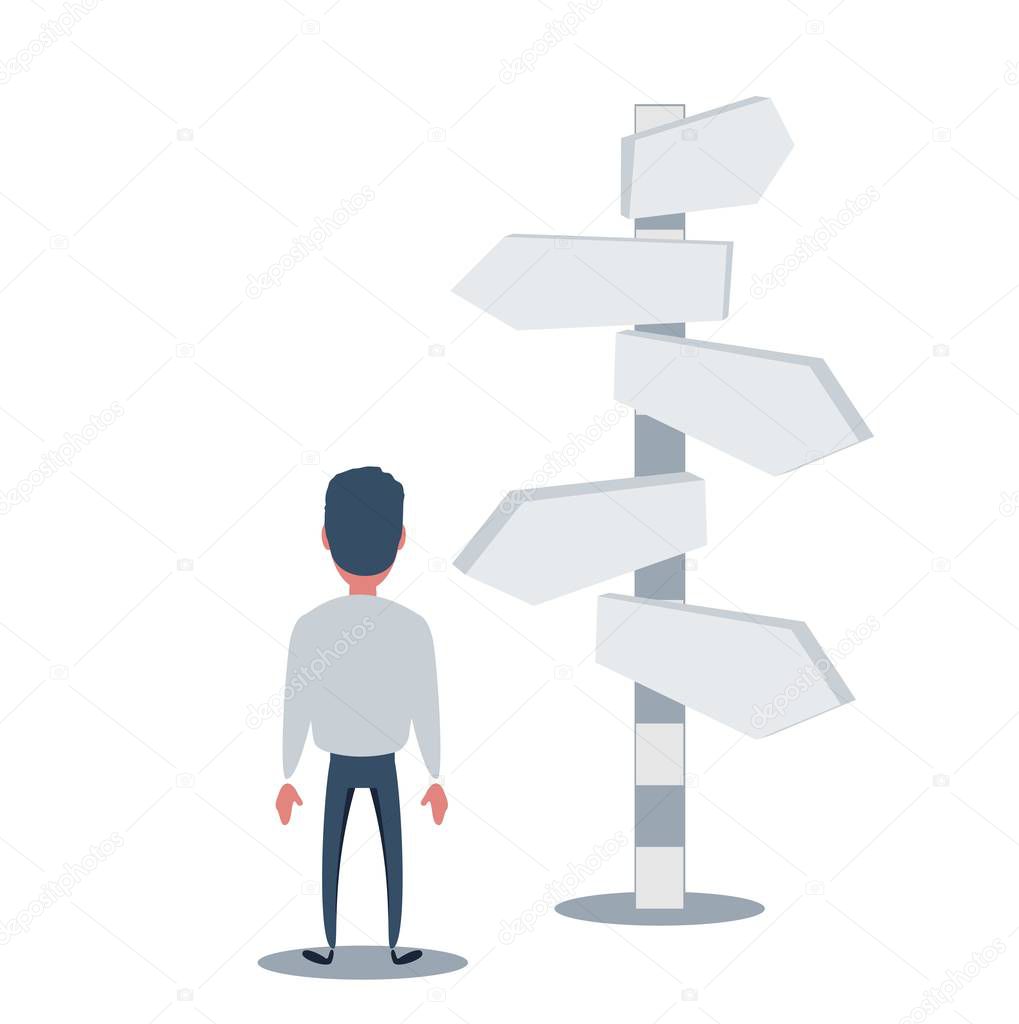 Businessman is looking at direction signs. Choices and decision concept.