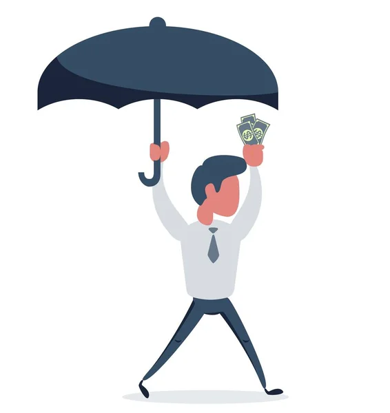 Бизнесмен держит зонтик, чтобы защитить деньги . — стоковый вектор