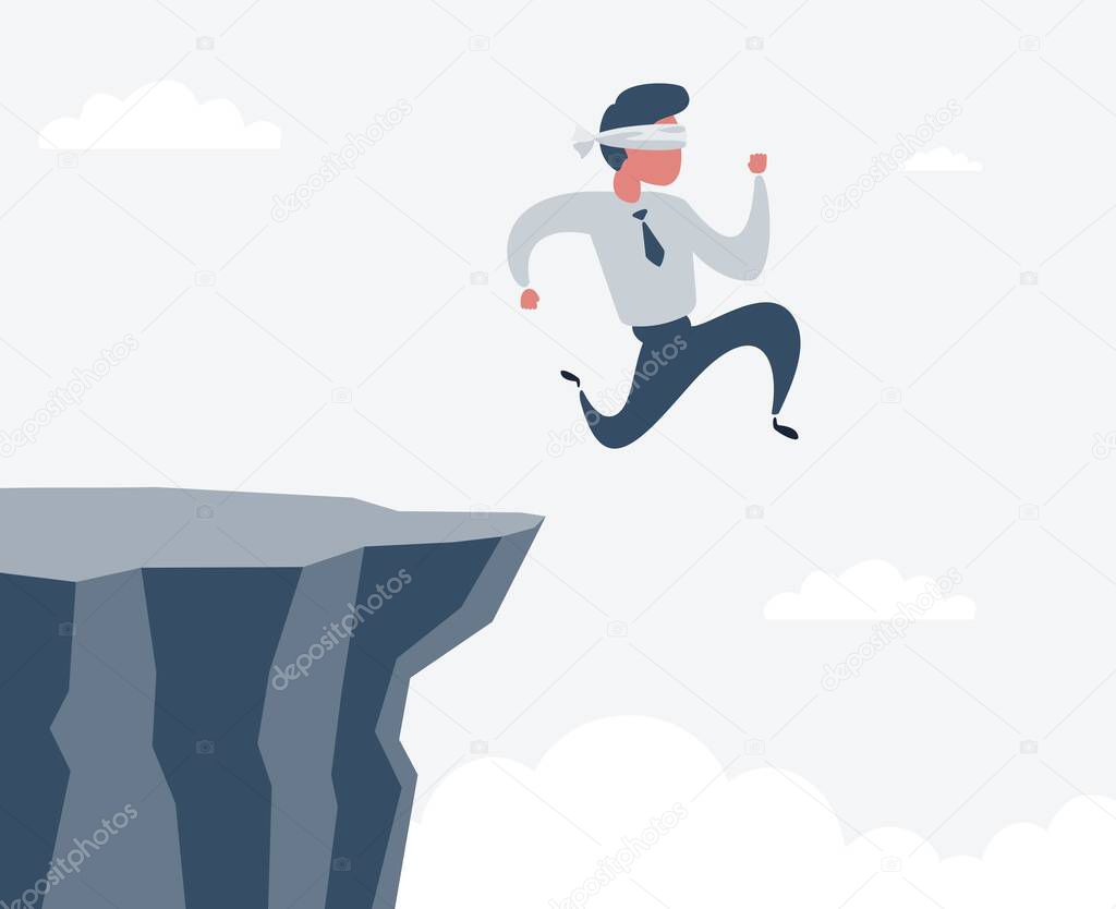 blindfolded businessman run to the cliff. Business concept.