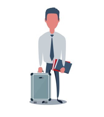 İş adamı ya da kâtip. Nesnelerle basit moda erkek karakter, düz vektör illüstrasyonu.