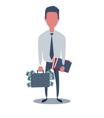 İş adamı ya da kâtip. Nesnelerle basit moda erkek karakter, düz vektör illüstrasyonu.