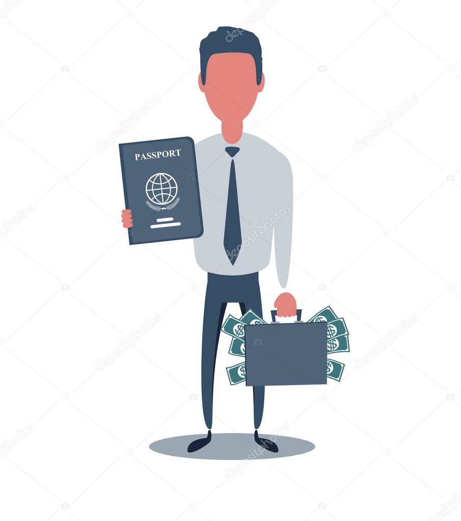 Businessman or clerk. Male character in trendy simple style with objects, flat vector illustration.