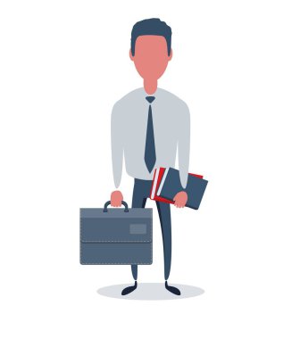 İş adamı ya da kâtip. Nesnelerle basit moda erkek karakter, düz vektör illüstrasyonu.