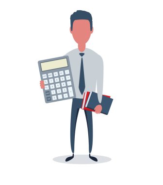 İş adamı ya da kâtip. Nesnelerle basit moda erkek karakter, düz vektör illüstrasyonu.