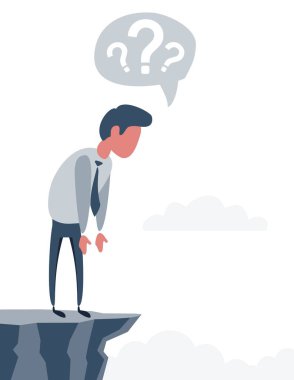 Dağın tepesinde gökyüzü arka plan bakmak iş adamı. Başarı ve meydan okuma kavramı