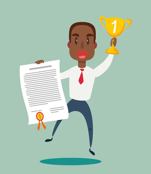 Successful, smiling, young, happy businessmen holding up winning trophy and showing an award certificate. — Stock Vector