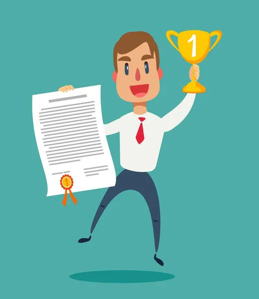 Successful, smiling, young, happy businessmen holding up winning trophy and showing an award certificate. — Stock Vector