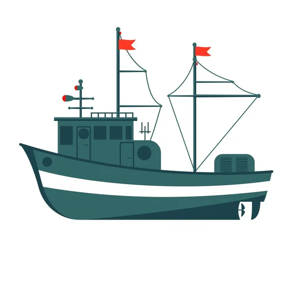 Vista lateral del barco de pesca comercial. Transporte marítimo o marítimo, buque para la producción industrial de mariscos — Vector de stock