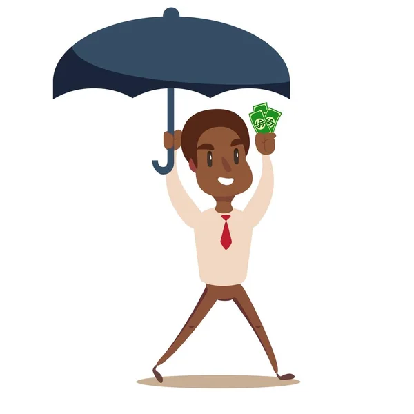 Uomo d'affari con un ombrello per proteggere i soldi. per il concetto di risparmio finanziario e assicurativo — Vettoriale Stock