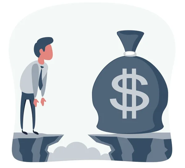 Businessman in front of a gap and looking for the money bag — Stockvector