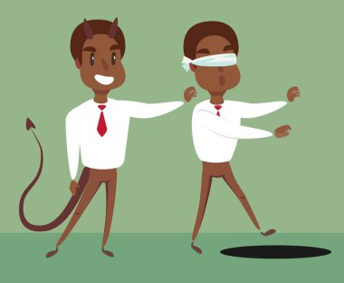Business man pushing his competitor to the hole. Concept of competition, sabotage and danger of the corporate business world.