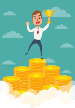 İşadamı bir yığın madeni paranın üzerinde duruyor..