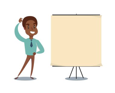 Genç ve yakışıklı bir adam büyük boş afişe bakıyor ve kafası karışık bir yüz ifadesi var.