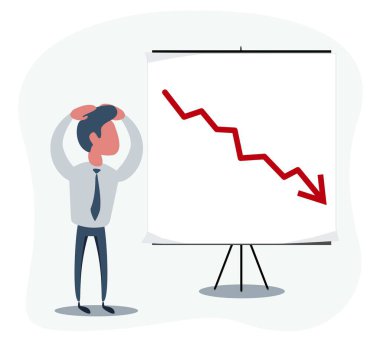 Takım elbiseli bir adam tahtada düşen bir okla şok oldu. Ekonomik refahın düşen göstergesi.