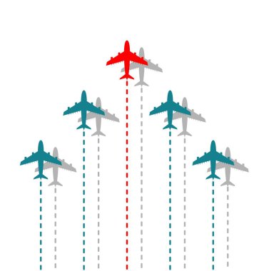 Business leadership concept with red plane leading airplanes above in the sky.