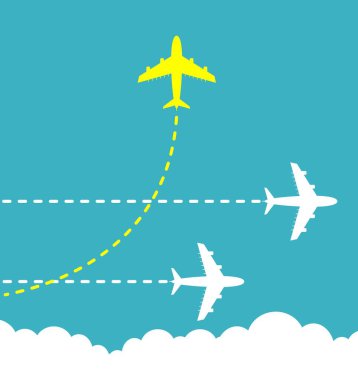 Think different business concept illustration, Bright yellow airplane changing direction and white ones.