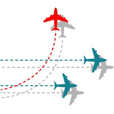 Think different business concept illustration, Red airplane changing direction and white ones.