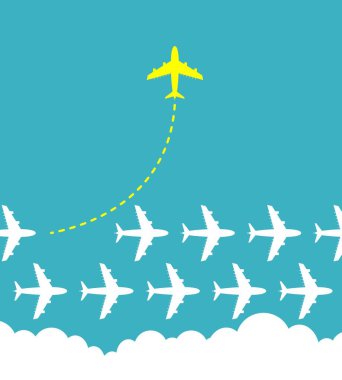 Think different business concept illustration, Bright yellow airplane changing direction and white ones.