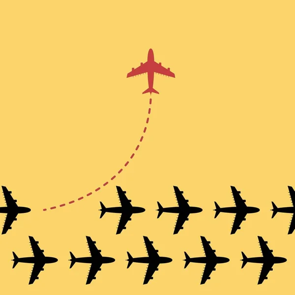 Think different business concept illustration, Red airplane changing direction and white ones. — Stok Vektör