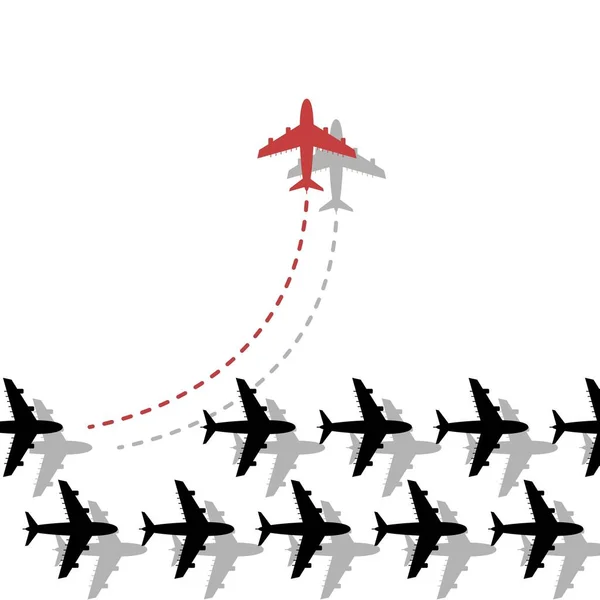 Think different business concept illustration, Red airplane changing direction and white ones. — Stockový vektor