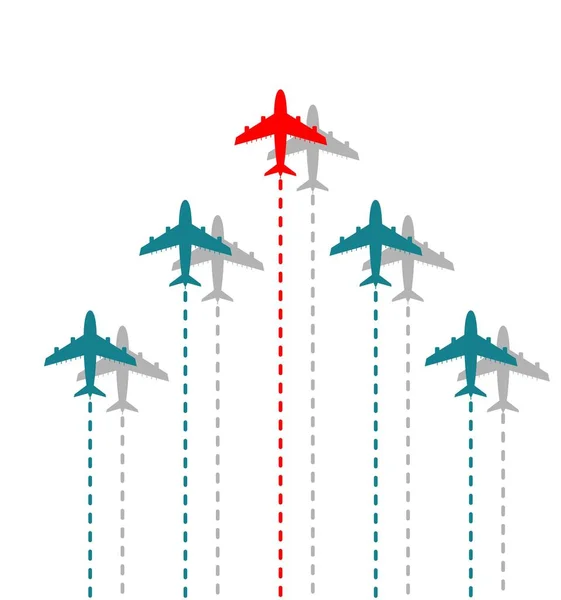 Business leadership concept with red plane leading airplanes above in the sky. — Stok Vektör