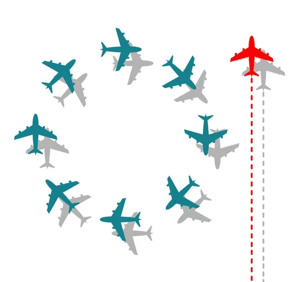 다른 비지니스 컨셉의 예를 생각 해 보 세요. 빨간 비행기는 방향을 바꾼다.. — 스톡 벡터