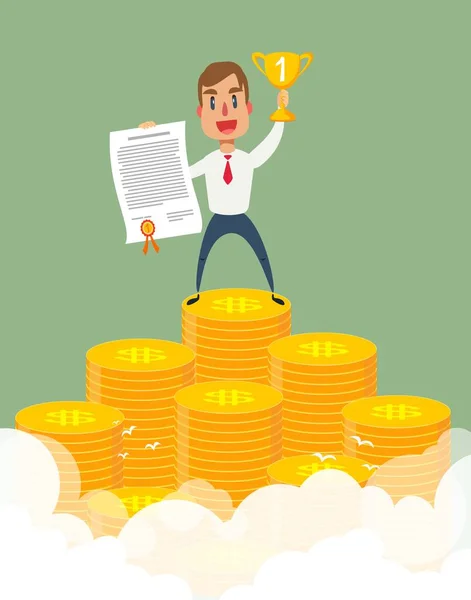 Businessman stands on large stack of coins. — 스톡 벡터