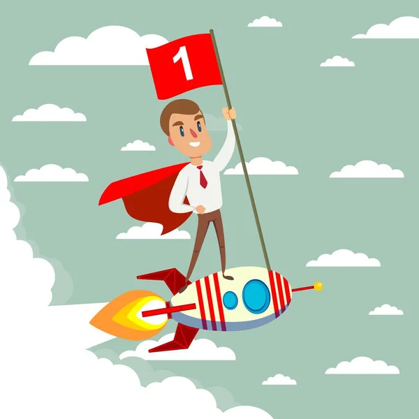 Gelukkig zakenman nummer één vlag staande houden op een raket schip vliegen door de lucht. — Stockvector