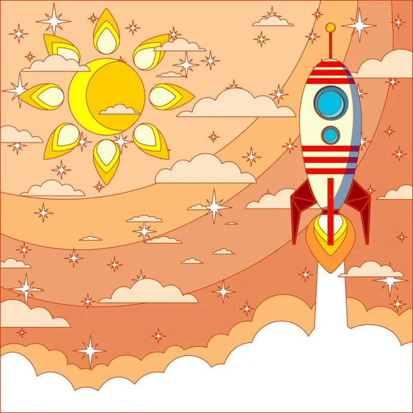 Raketenstart fliegt in den Himmel und Wolken als Papierkunst, Handwerk und Existenzgründungskonzept. — Stockvektor