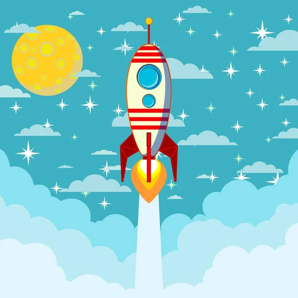 Rocket lancering vliegen naar de blauwe lucht en wolken als papier kunst, ambachtelijke stijl en business start-up concept. — Stockvector