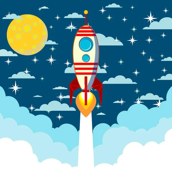 Rocket lancering vliegen naar de blauwe lucht en wolken als papier kunst, ambachtelijke stijl en business start-up concept. — Stockvector