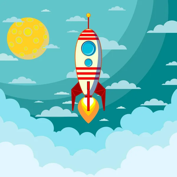 Rocket launch flying to the blue sky and clouds as paper art, craft style and business start up concept. — Stock Vector