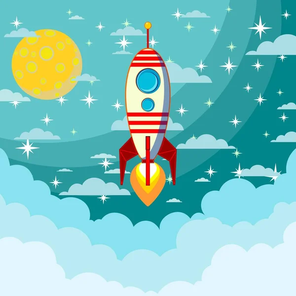 Rocket lansering flyger till den blå himlen och moln som papperskonst, hantverk stil och företag start koncept. — Stock vektor