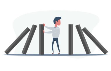 İş adamı domino taşıyıcısı konseptini durdurdu. Kriz, risk, yönetim, liderlik ve kararlılık sembolü.