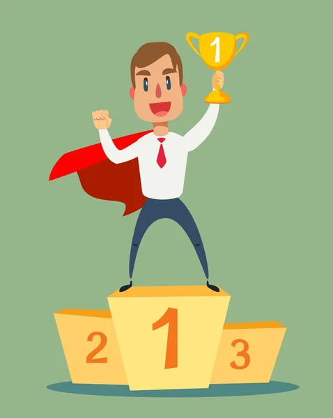 Businessman superhero standing on the winning podium and holding winner cup. — Stock Vector