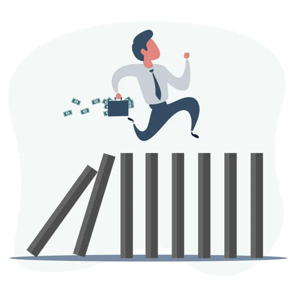 Businessman runs away on dominoes that fall. Domino effect and business crisis concept. — Stock Vector