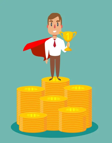 Obchodník oblečený v plášti superhrdiny stojí na hromadě mincí. — Stockový vektor