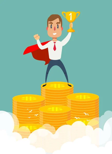 Businessman dressed with superhero cloak is standing on the pile of the coins. — Stock Vector