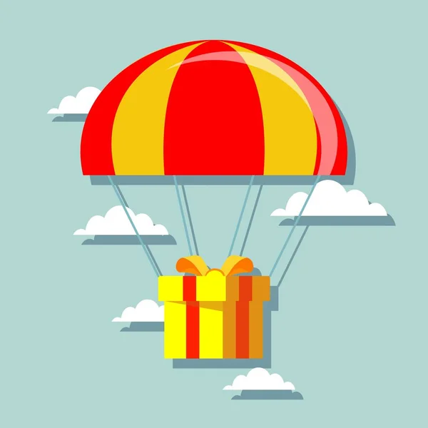 Diseño plano. Ilustración vectorial. Servicio de entrega. Paracaídas con paquete, regalo en el cielo. — Vector de stock
