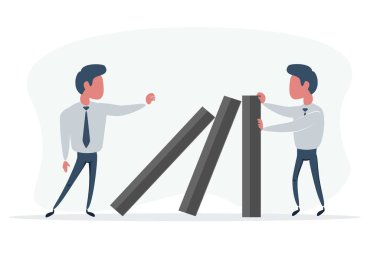İş adamı domino taşını düşürmeyi bıraktı. Kriz, risk, yönetim, liderlik ve kararlılık sembolü.
