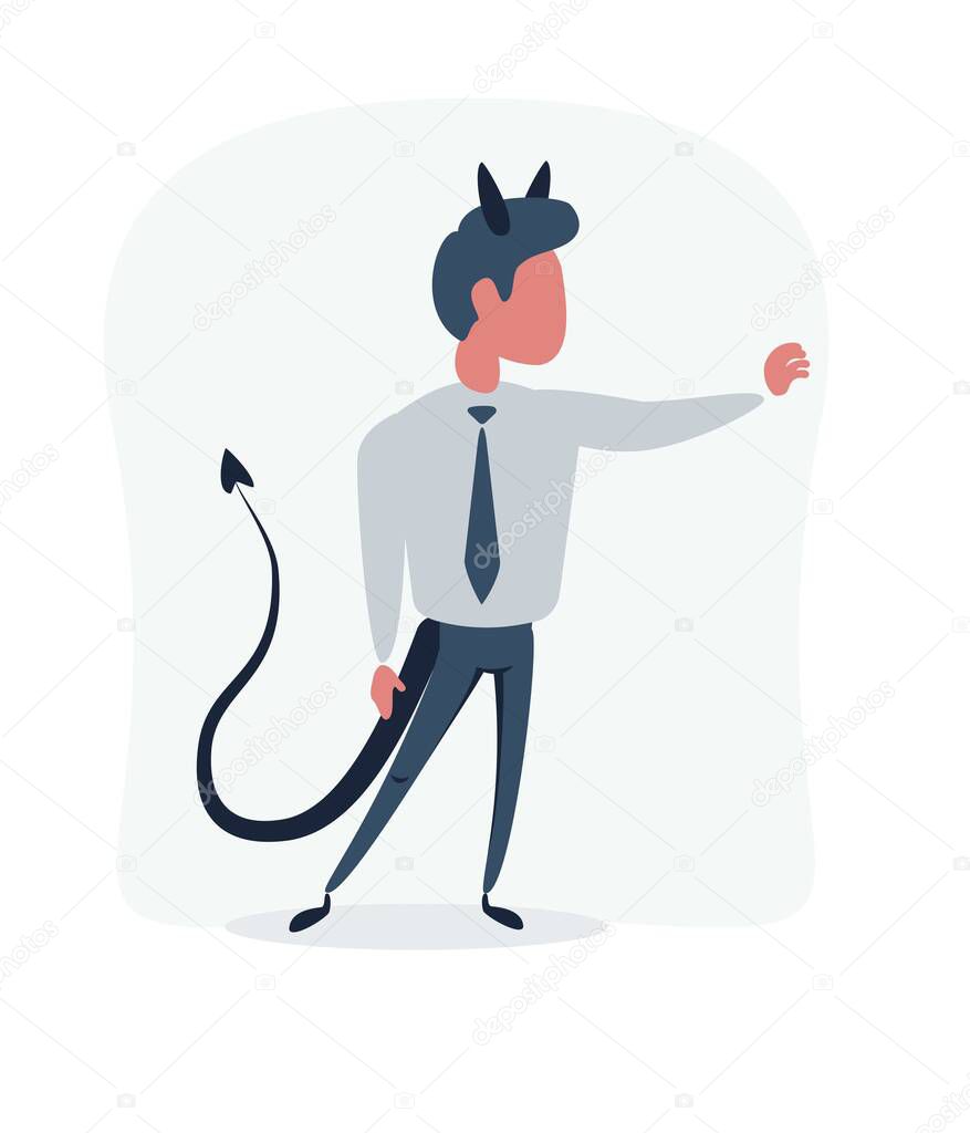 Cartoon devil Satan businessman in suit pointing.