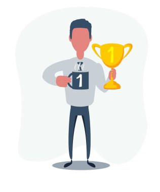 Çizgi film karakteri, kazananlar bardağı ve bir kupa çayla..