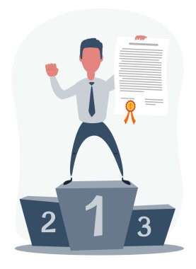 Vector illustration of businessman proudly standing on the winning podium holding up an award certificate. clipart