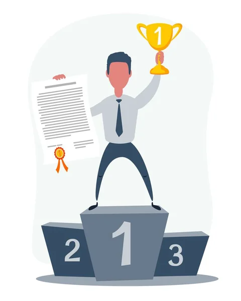 Векторна ілюстрація бізнесмена з гордістю стоїть на виграшному подіумі, який тримає трофей і показує сертифікат нагородження . — стоковий вектор