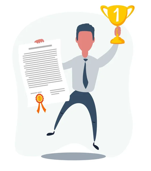 Vector illustration of businessman proudly standing and holding up winning trophy and showing an award certificate. — Stock Vector