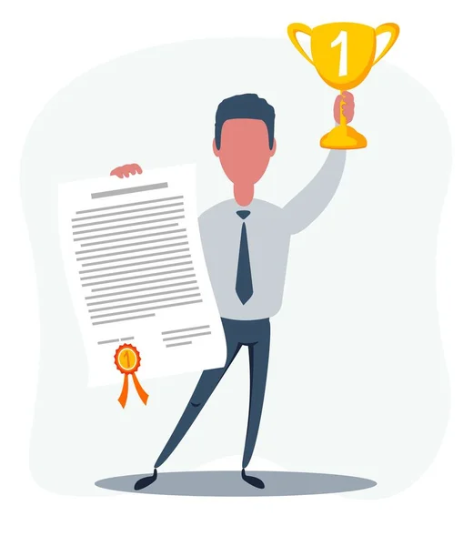 Vector illustration of businessman proudly standing and holding up winning trophy and showing an award certificate. — Stock Vector